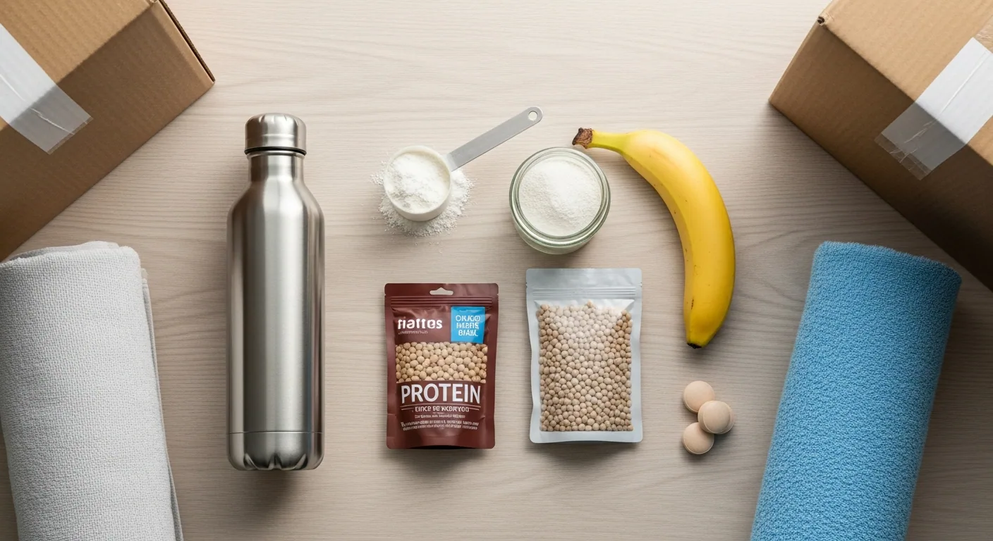 Flat lay of moving-day recovery essentials: water bottle, creatine supplement, banana, protein snacks and a foam roller