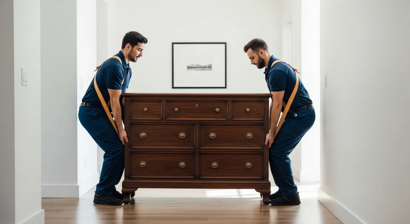 Two professional Ottawa movers in navy uniforms safely carrying a heavy dresser as a team