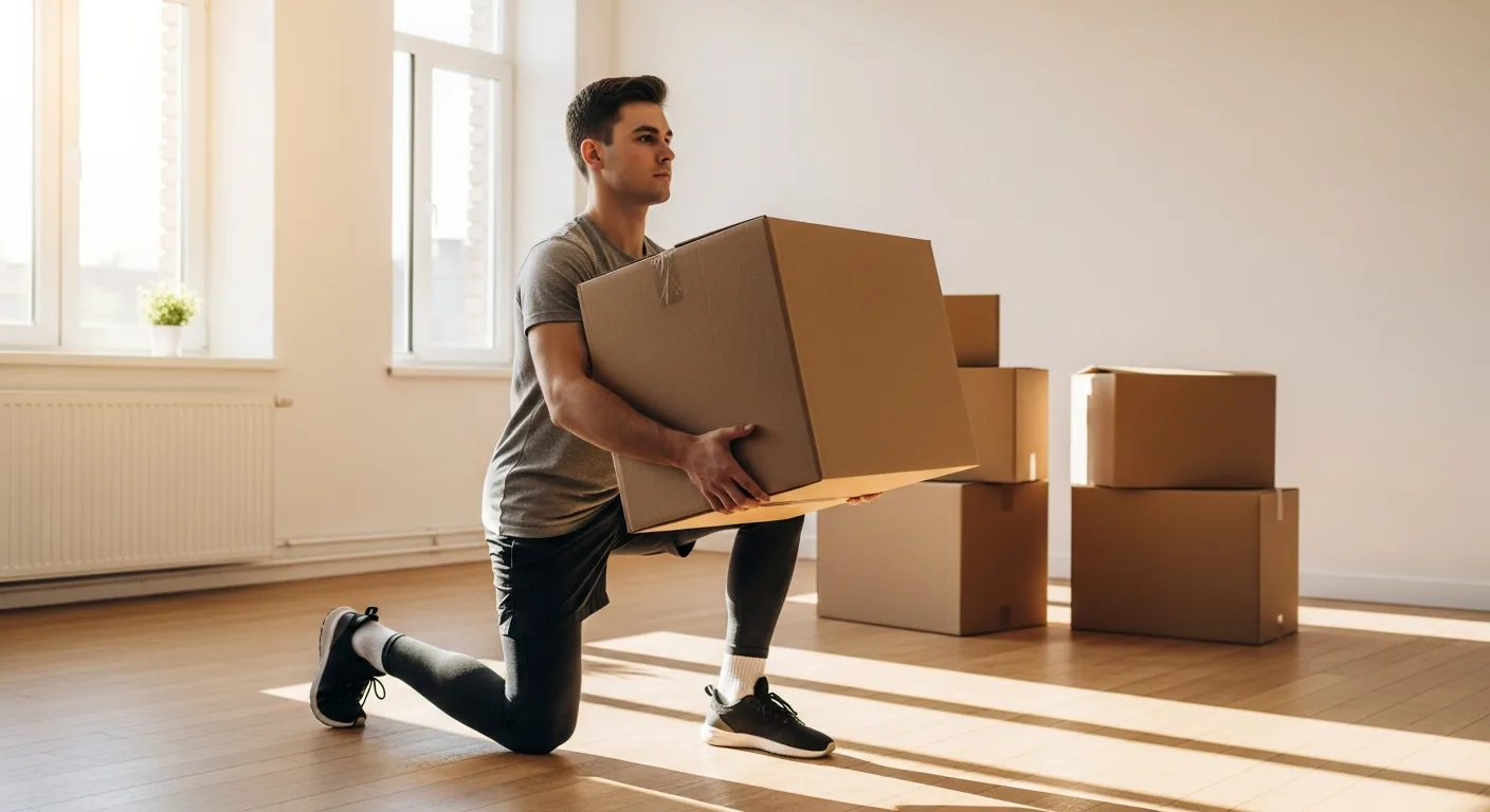 Fit young man lifting a heavy moving box with correct form in a sunlit Ottawa apartment