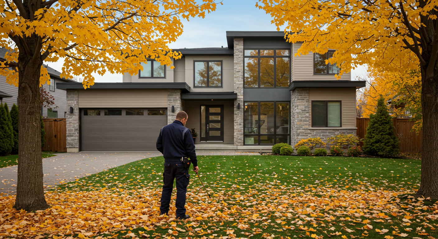 Ottawa contractor inspecting a beautiful modern home exterior during autumn, professional assessment