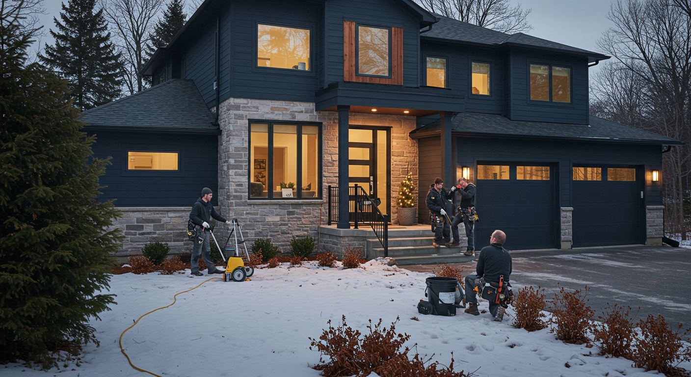 Professional Ottawa contractors team performing exterior home maintenance on a modern Canadian home
