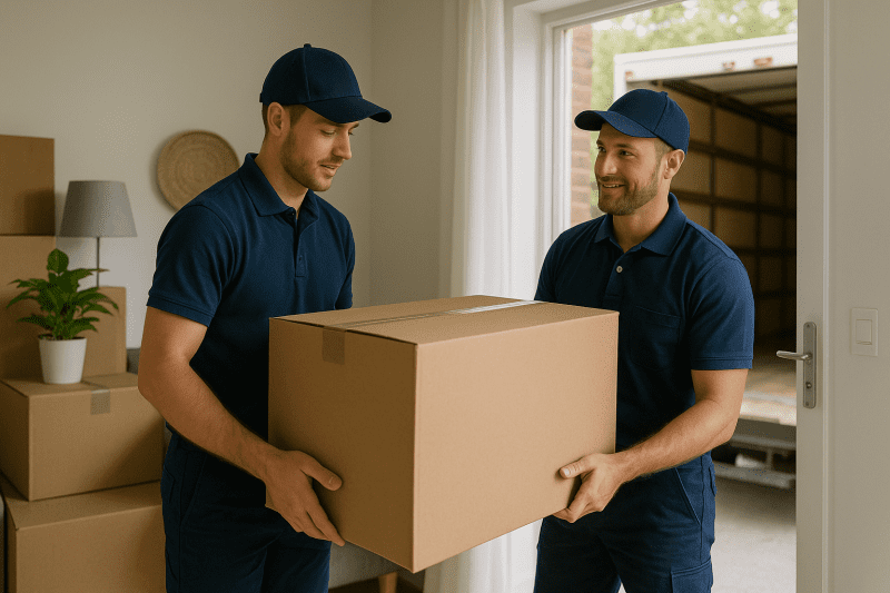 Movers working together in a residential setting with visible moving boxes and a truck outside the window.