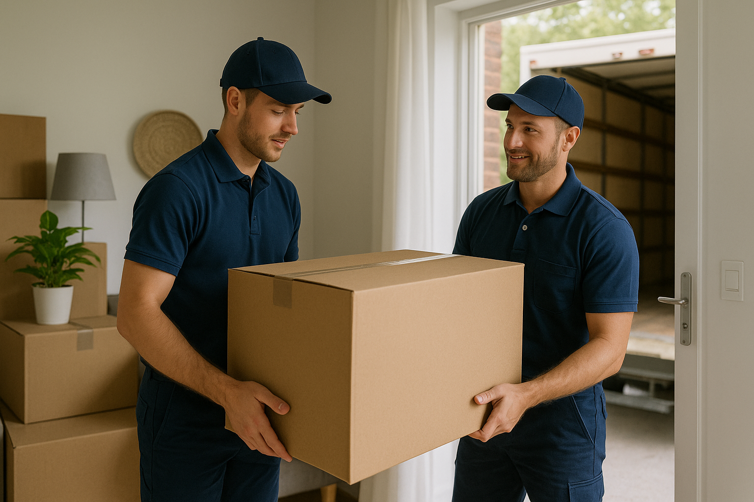 Movers working together in a residential setting with visible moving boxes and a truck outside the window.
