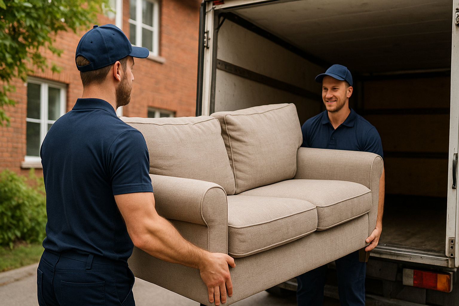Two professional movers in navy uniforms loading a beige sofa into a white moving truck outside a brick house in Ottawa.