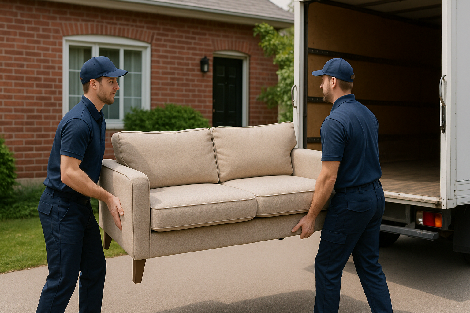 Two uniformed movers lifting a beige sofa into a white moving truck outside a suburban Ottawa home.