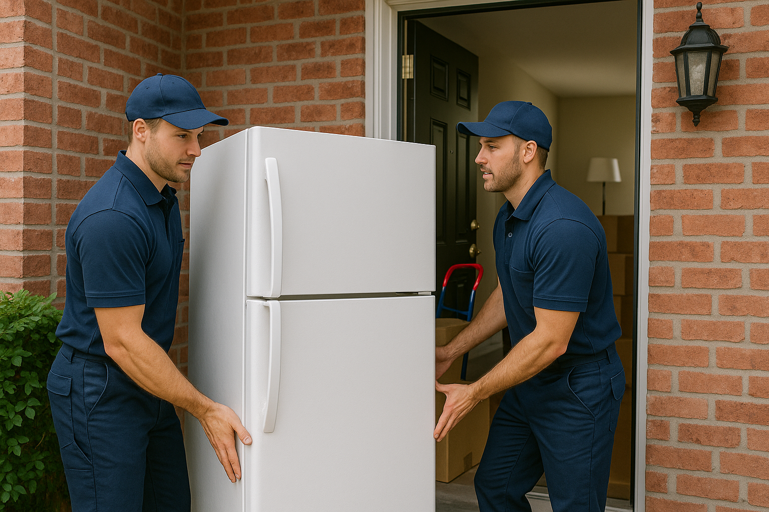Two movers in a well-lit home passing a large cardboard box with a truck visible outside.