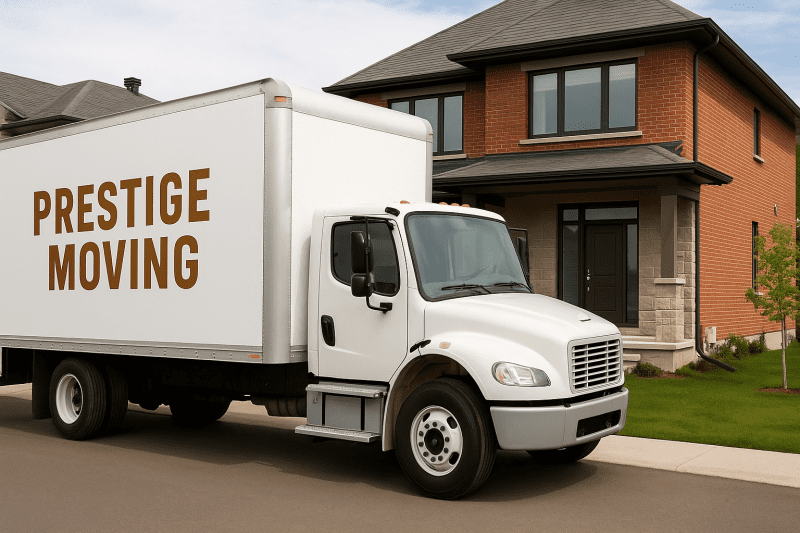 A white moving truck parked in front of a suburban Ottawa home with no visible logo or branding.