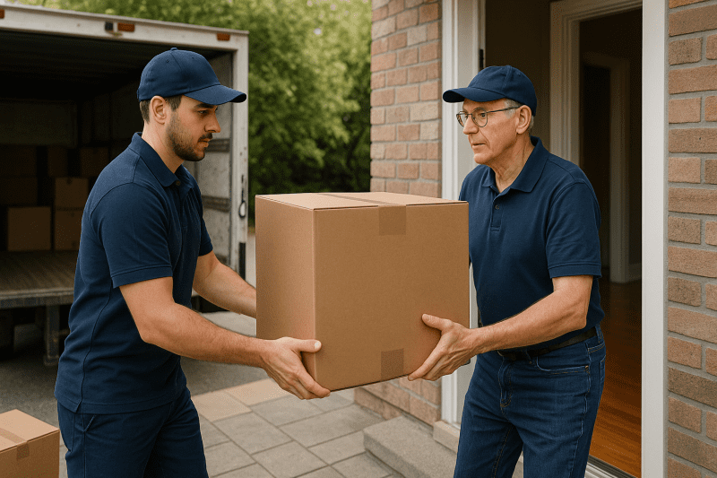 Two movers handling a large box outside a home during a long-distance move.