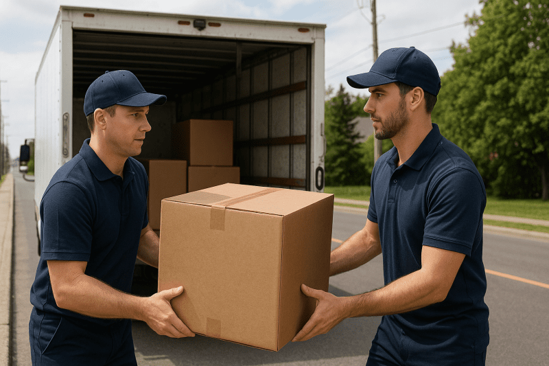 Younger and older movers working together to carry a moving box out of a home.