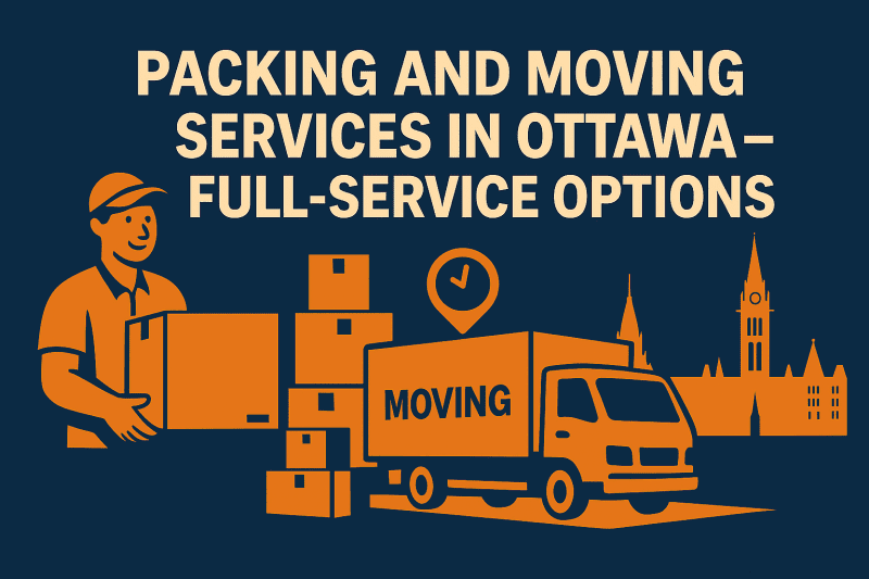 Full-Service Packing and Moving Graphic with Mover, Boxes, and Ottawa